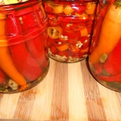 Pickled Spicy Peppers in jars.