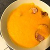 The creamy soup with sausage pieces.