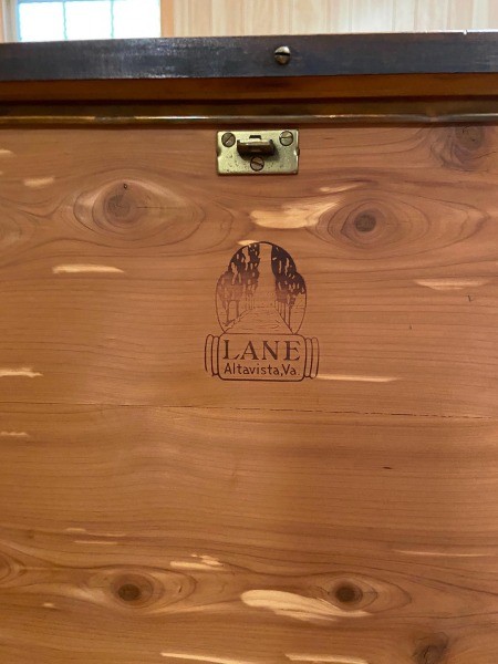 The Lane marking inside a cedar chest.