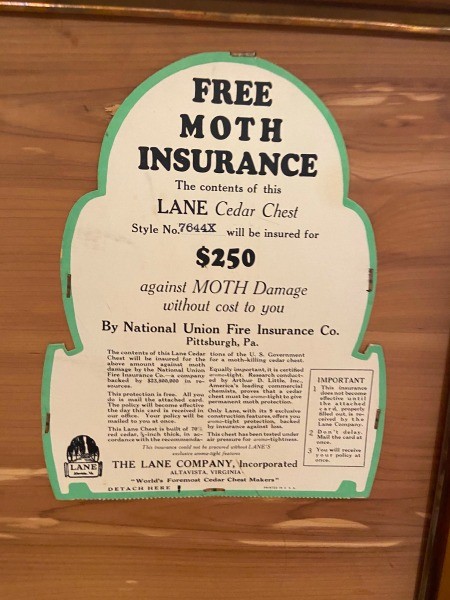 A label inside a cedar chest.