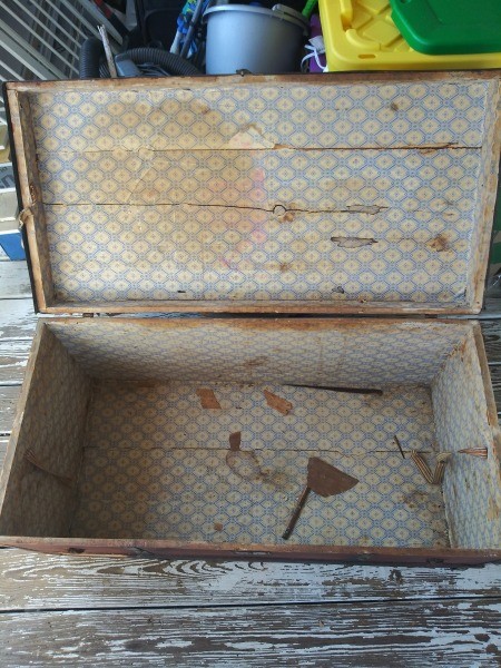 An open trunk covered in patterned paper.