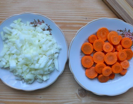 Diced onion and sliced carrots.