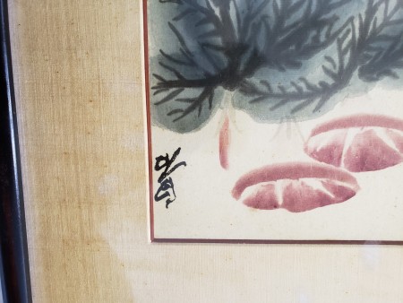 A framed Asian painting of bugs and greenery.