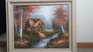 A painting of a house by a stream.
