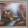 A painting of a house by a stream.