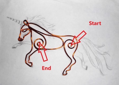 Copper Wire Unicorn from Old Transformer - bending medium wire to create the outline of the unicorn