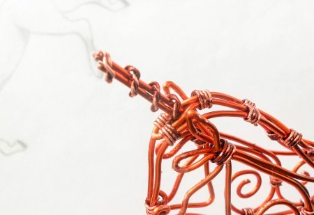Copper Wire Unicorn from Old Transformer - wrapping horn of joined halves with lighter gauge wire