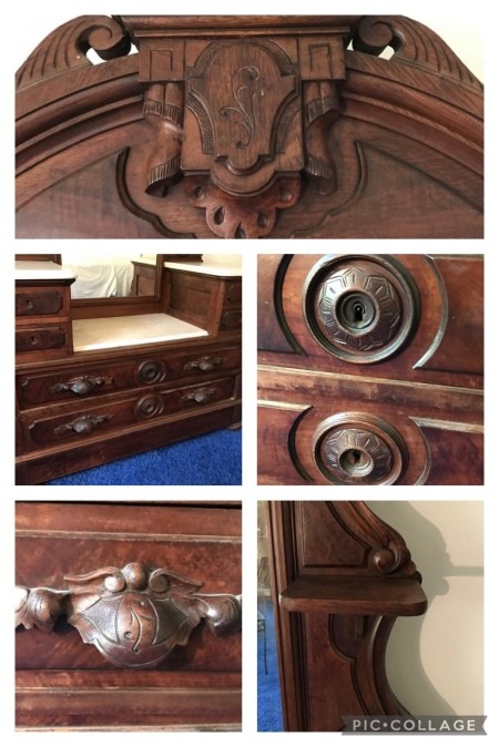 Details on the wooden dresser.