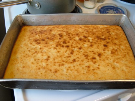 A baked sheet of cornbread.