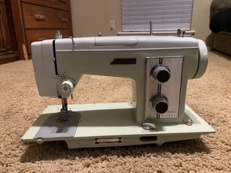 A vintage sewing machine.