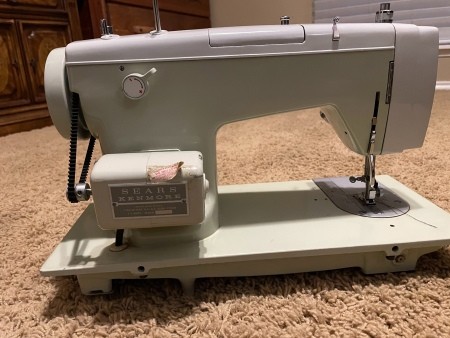 A vintage sewing machine.