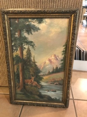 A landscape painting with trees, mountains and deer.