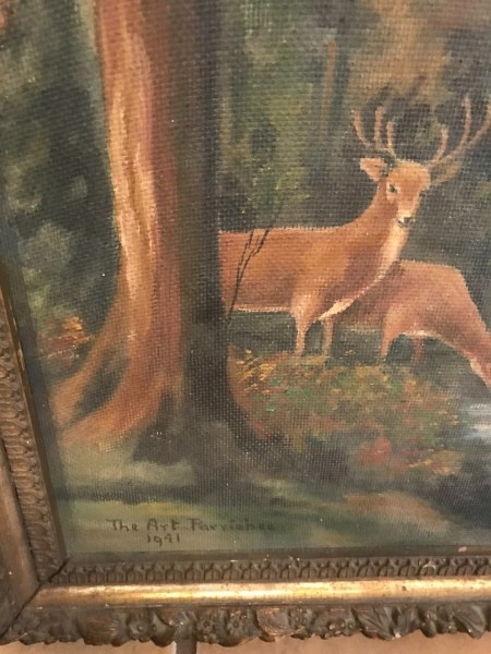 A landscape painting with trees, mountains and deer.