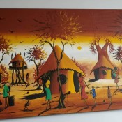 A canvas painting of people, trees and huts.