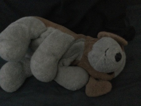 A small brown and white stuffed dog.