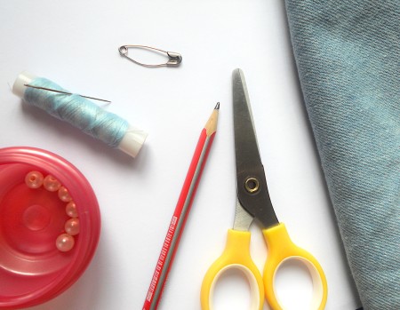 Supplies for Folded Beaded Brooch from Old Jeans