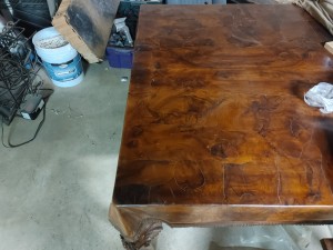 A wooden coffee table.