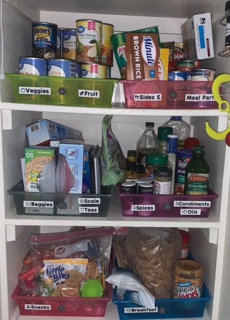 Craft drawers being used to organize a pantry.