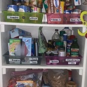 Craft drawers being used to organize a pantry.