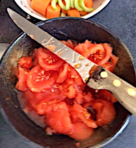 A bowl of cut up tomatoes.