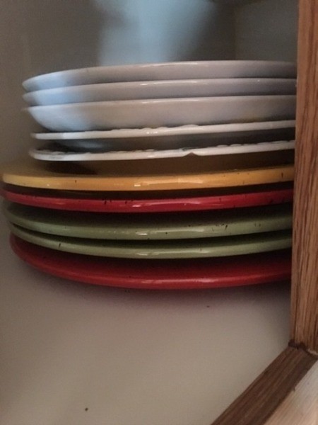 A stack of colorful dishes.