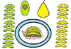 A drawing showing an avocado pear assembled on a plate.