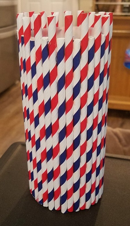 Placing the straws around the recycled plastic container.