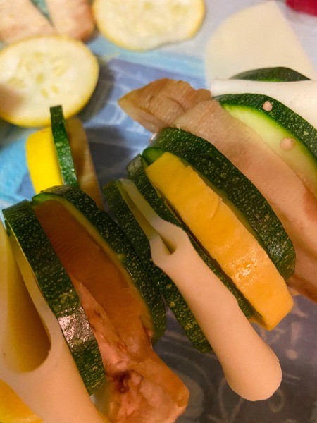 Assembling the kabobs.