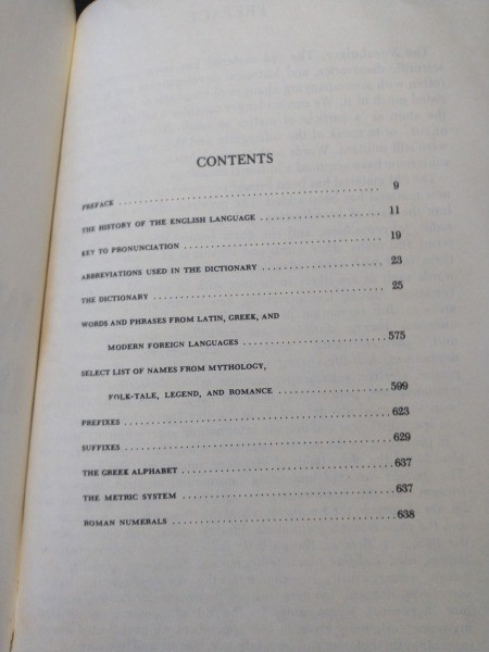 Table of contents of a dictionary.