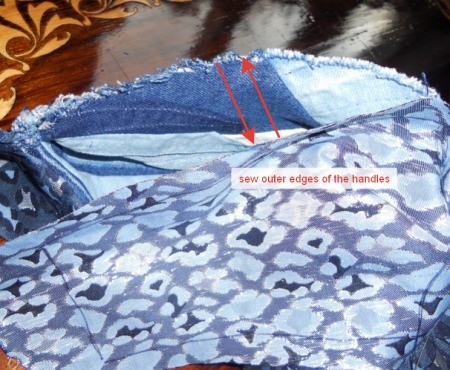 Sewing the inside bag into the denim bag.