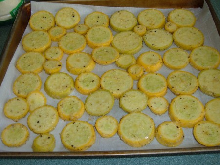 Laying the squash rounds on a cookie sheet.
