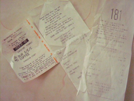 A collection of fast food receipts.