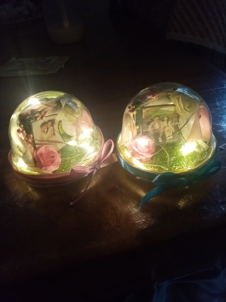 The domes with the lights turned on.