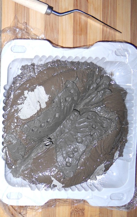 The fabric is pressed into the wet concrete to make a butterfly impression.