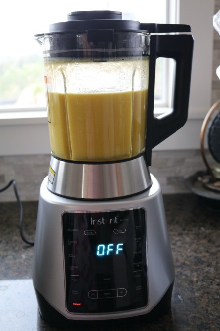 The blended ingredients for zucchini soup.
