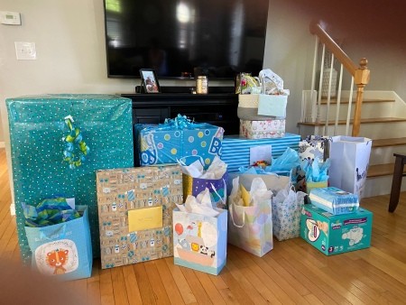 A collection of baby shower presents.