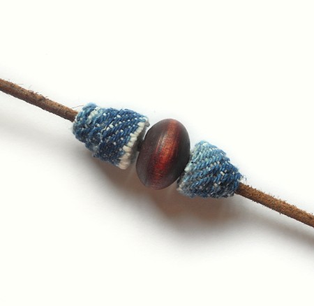 Stringing the beads onto a cord.