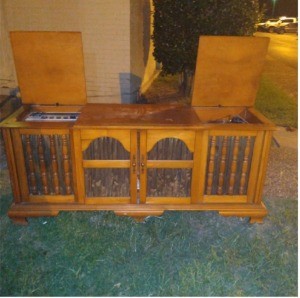 Pictures of an old console stereo.
