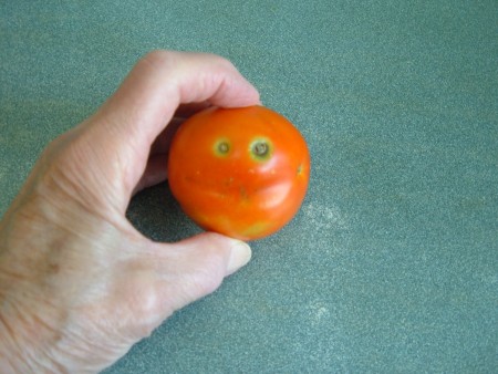 A tomato with a smiley face.