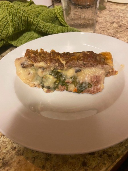 A piece of stuffed meatloaf.