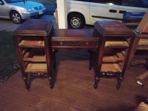 An old wooden vanity with the drawers missing.