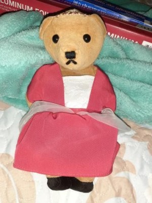 A stuffed teddy bear wearing a red dress.