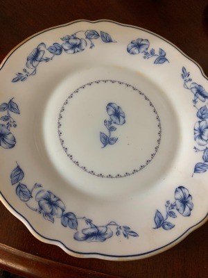 A blue and white china plate.