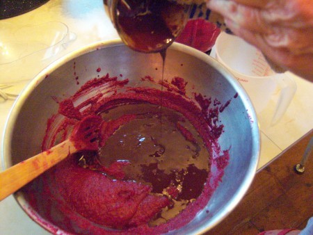 Mixing the batter for the cake.