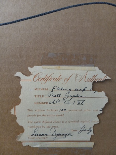 A torn certificate of authenticity for a painting.