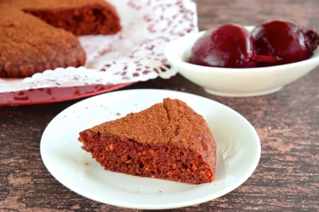 A slice of cake made from beetroots.