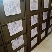 The laminated sheets on file cabinet drawers.