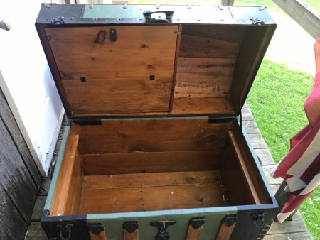 The inside of a steamer trunk.