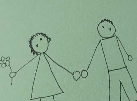 A drawing of two people holding hands.