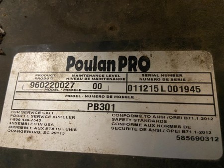A Poulan Pro PB301 Riding Mower lable.